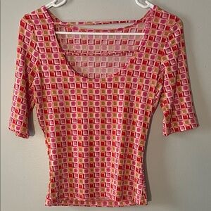 I.N. San Francisco Pink and Orange Checkered Short Sleeve Top